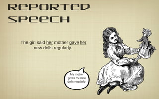 reported
speech
The girl said her mother gave her
new dolls regularly.
My mother
gives me new
dolls regularly.
 
