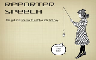 reported
speech
The girl said she would catch a fish that day.
I will catch
a fish
today!
 