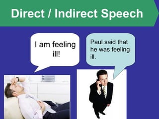 Direct / Indirect Speech
I am feeling
ill!
Paul said that
he was feeling
ill.
 