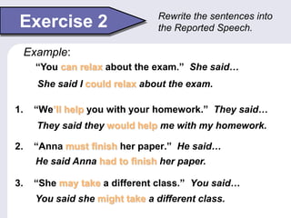 Exercise 2
1. “We’ll help you with your homework.” They said…
2. “Anna must finish her paper.” He said…
3. “She may take a different class.” You said…
Rewrite the sentences into
the Reported Speech.
“You can relax about the exam.” She said…
Example:
She said I could relax about the exam.
They said they would help me with my homework.
He said Anna had to finish her paper.
You said she might take a different class.
 