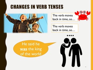 CHANGES IN VERB TENSES
11
The verb moves
back in time, so…
The verb moves
back in time, so…
He said he
was the king
of the world
 