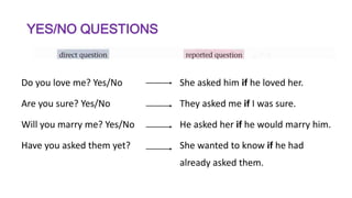 YES/NO QUESTIONS
Do you love me? Yes/No She asked him if he loved her.
Are you sure? Yes/No They asked me if I was sure.
Will you marry me? Yes/No He asked her if he would marry him.
Have you asked them yet? She wanted to know if he had
already asked them.
 