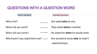 QUESTIONS WITH A QUESTION WORD
Who is he? She asked who he was.
Where do you work? They asked where I worked.
When will you come? He asked her when he would come.
Why haven’t you asked them yet? She wanted to know why he hadn’t
asked themyet .
 