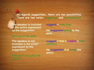 As regards suggestions, there are two possibilities.
   There are two verbs: suggested and recommended.

The speaker is included   suggest + verb (ing)
in the action expressed
by the suggestion:        He suggested going to the
                          park.
Let’s go to the park
The speaker is not        suggest + that + subject + bare
included in the action    infinitive
expressed by the
suggestion:               He suggested that I play the
                          piano.
Why don’t you play the
piano?
 