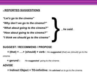 - REPORTED SUGGESTIONS
“Let’s go to the cinema”
“Why don’t we go to the cinema?”
“What about going to the cinema?”
“How about going to the cinema?”
“I think we should go to the cinema”
SUGGEST / RECOMMEND / PROPOSE
+ (that) + ….+ (should) + verb : He suggested (that) we (should) go to the
cinema.
+ gerund : He suggested going to the cinema.
ADVISE
+ Indirect Object + TO-infinitive: He advised us to go to the cinema.
}, he said.
 