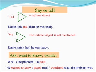 Say or tell
 Tell            + indirect object


 Daniel told me (that) he was ready.

 Say             The indirect object is not mentioned


 Daniel said (that) he was ready.

  Ask, want to know, wonder
‘What’s the problem?’ he said.
He wanted to know / asked (me) / wondered what the problem was.
 