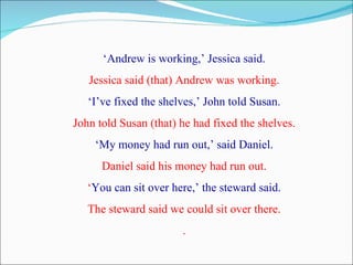 ‘Andrew is working,’ Jessica said.
   Jessica said (that) Andrew was working.
   ‘I’ve fixed the shelves,’ John told Susan.
John told Susan (that) he had fixed the shelves.
    ‘My money had run out,’ said Daniel.
      Daniel said his money had run out.
   ‘You can sit over here,’ the steward said.
   The steward said we could sit over there.
                       .
 