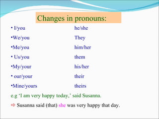 Changes in pronouns:
• I/you                      he/she
•We/you                      They
•Me/you                      him/her
• Us/you                     them
•My/your                     his/her
• our/your                   their
•Mine/yours                  theirs
e.g ‘I am very happy today,’ said Susanna.
 Susanna said (that) she was very happy that day.
 