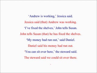 ‘Andrew is working,’ Jessica said.
Jessica said (that) Andrew was working.
‘I’ve fixed the shelves,’ John tells Susan.
John tells Susan (that) he has fixed the shelves.
‘My money had run out,’ said Daniel.
Daniel said his money had run out.
‘You can sit over here,’ the steward said.
The steward said we could sit over there.
.
 