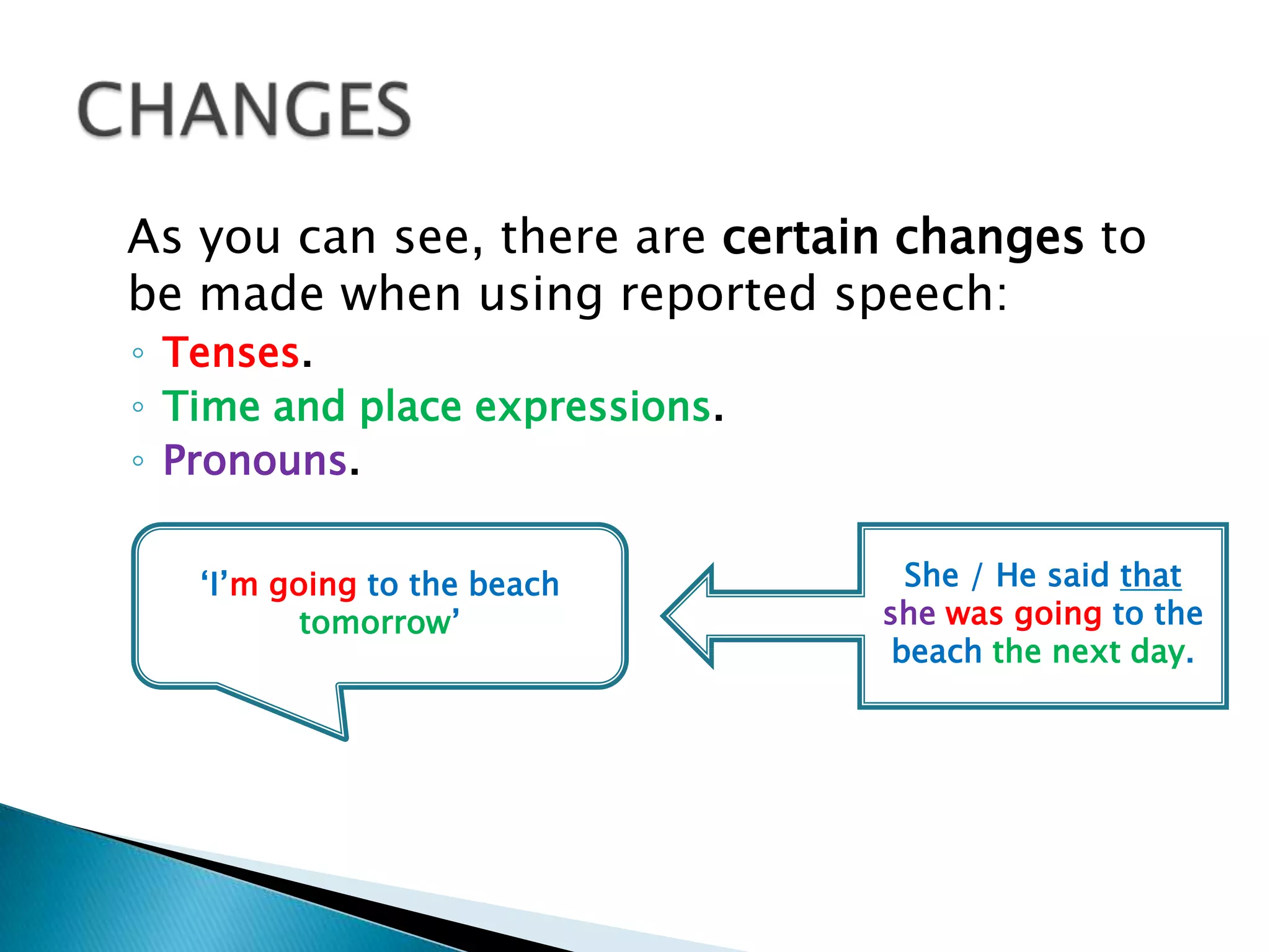	As you can see, there are certain changes to be made when using reported speech: Tenses.Time and place expressions.Pronouns.CHANGES‘I’mgoingtothebeachtomorrow’She / He saidthatshewasgoingtothebeachthenextday.