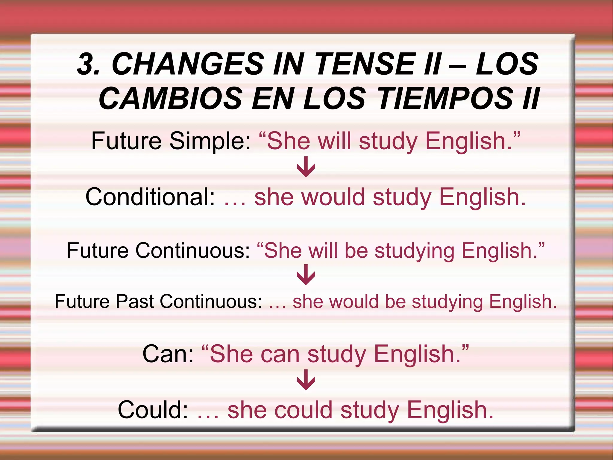 3. CHANGES IN TENSE II – LOS CAMBIOS EN LOS TIEMPOS II Future Simple:  “She will study English.”  Conditional:  … she would study English. Future Continuous:  “She will be studying English.”  Future Past Continuous:  … she would be studying English. Can:  “She can study English.”  Could:  … she could study English. 