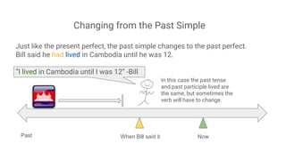Changing from the Past Simple
Just like the present perfect, the past simple changes to the past perfect.
Bill said he had lived in Cambodia until he was 12.
“I lived in Cambodia until I was 12” -Bill
When Bill said itPast Now
In this case the past tense
and past participle lived are
the same, but sometimes the
verb will have to change.