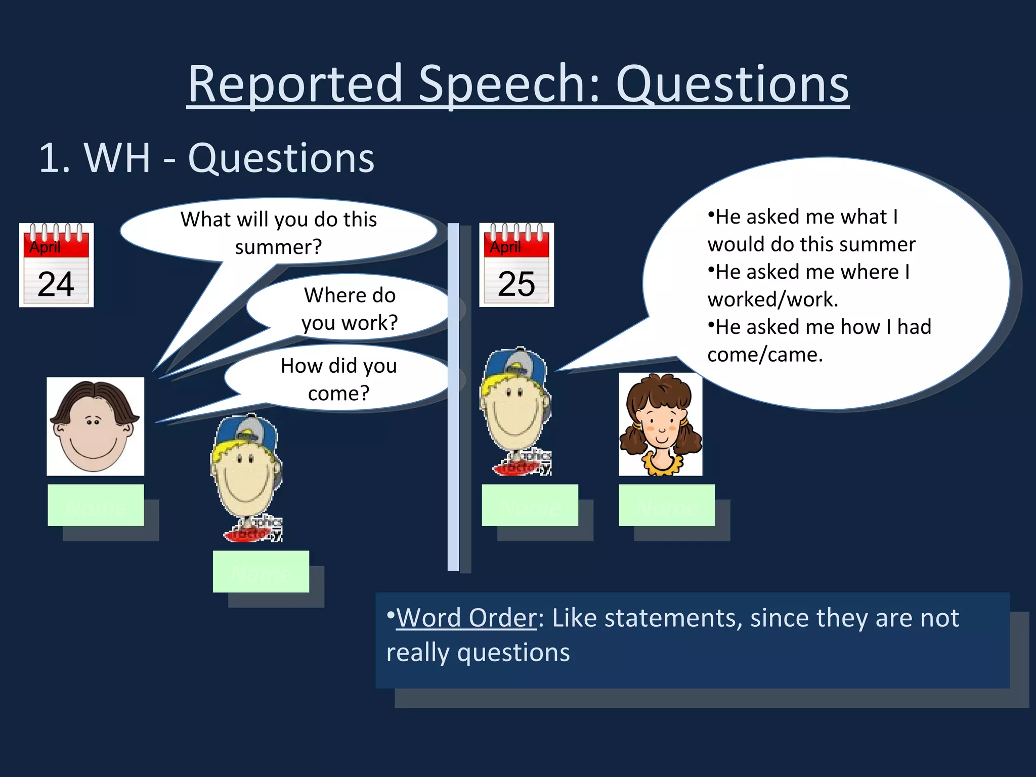 Reported Speech: Questions 1. WH - Questions April 24 Name What will you do this summer? How did you come? Where do you work? He asked me what I would do this summer He asked me where I worked/work. He asked me how I had come/came. Name Name Word Order : Like statements, since they are not really questions April 25 Name 