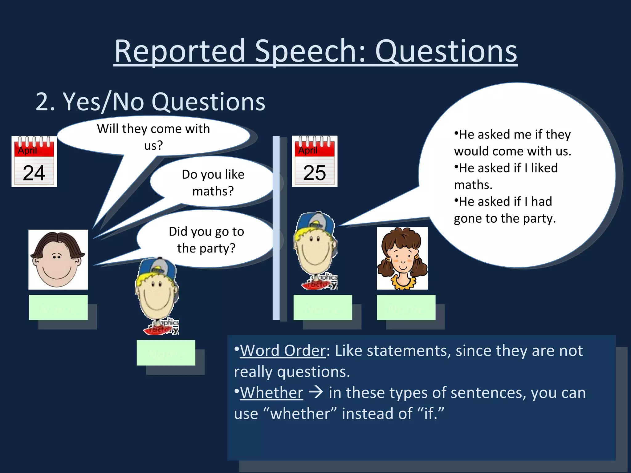 Reported Speech: Questions 2. Yes/No Questions April 24 Name Will they come with us? Did you go to the party? Do you like maths? He asked me if they would come with us. He asked if I liked maths. He asked if I had gone to the party. Name Name Word Order : Like statements, since they are not really questions. Whether     in these types of sentences, you can use “whether” instead of “if.” April 25 Name 