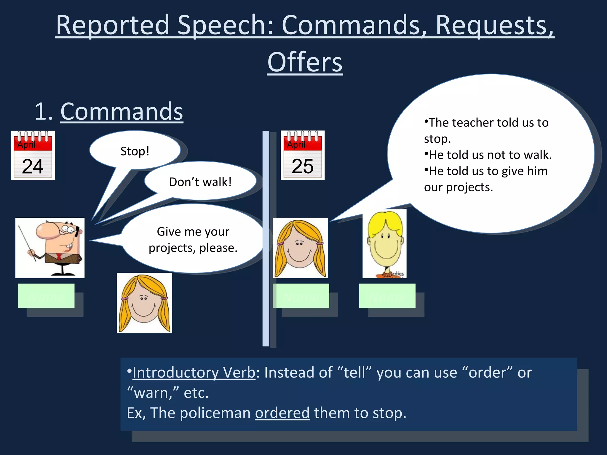 Reported Speech: Commands, Requests, Offers 1.  Commands April 24 Name Stop! Give me your projects, please. Don’t walk! The teacher told us to stop. He told us not to walk. He told us to give him our projects. Name Name Introductory Verb : Instead of “tell” you can use “order” or “warn,” etc. Ex, The policeman  ordered  them to stop. April 25 