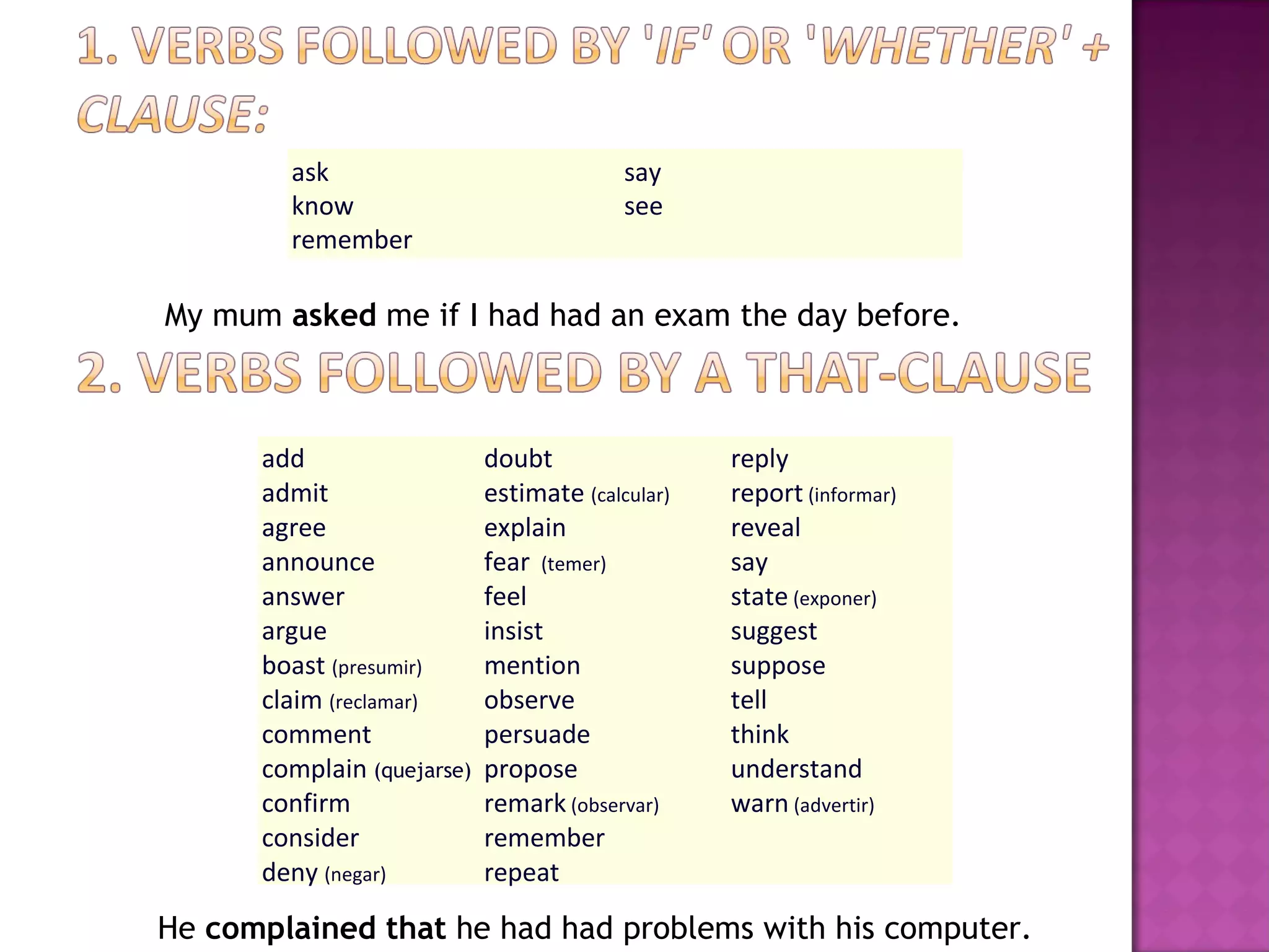 My mum  asked  me if I had had an exam the day before. He  complained   that  he had had problems with his computer. add admit agree announce answer argue boast  (presumir) claim  (reclamar) comment  complain  (quejarse) confirm consider deny  (negar) doubt estimate  (calcular) explain fear  (temer) feel insist mention observe persuade propose remark  (observar) remember repeat  reply report  (informar) reveal say state  (exponer) suggest suppose tell think understand warn  (advertir) ask know remember say see  
