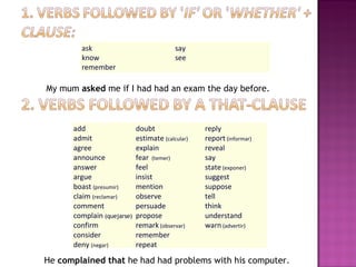 My mum  asked  me if I had had an exam the day before. He  complained   that  he had had problems with his computer. add a...