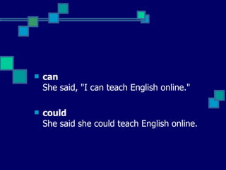can   She said, "I can teach English online."  could   She said she could teach English online.  