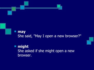 may   She said, "May I open a new browser?"   might   She asked if she might open a new browser.   