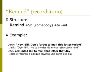 “ Remind” (recordatorio) Structure:  Remind   +Sb (somebody) +to –inf Example: Jack: "Hey, Bill. Don't forget to mail this letter today!" Jack: "Oye, Bill. ¡No te olvides de enviar esta carta hoy!" Jack reminded Bill to mail that letter that day Jack le recordó a Bill que enviara una carta ese día 