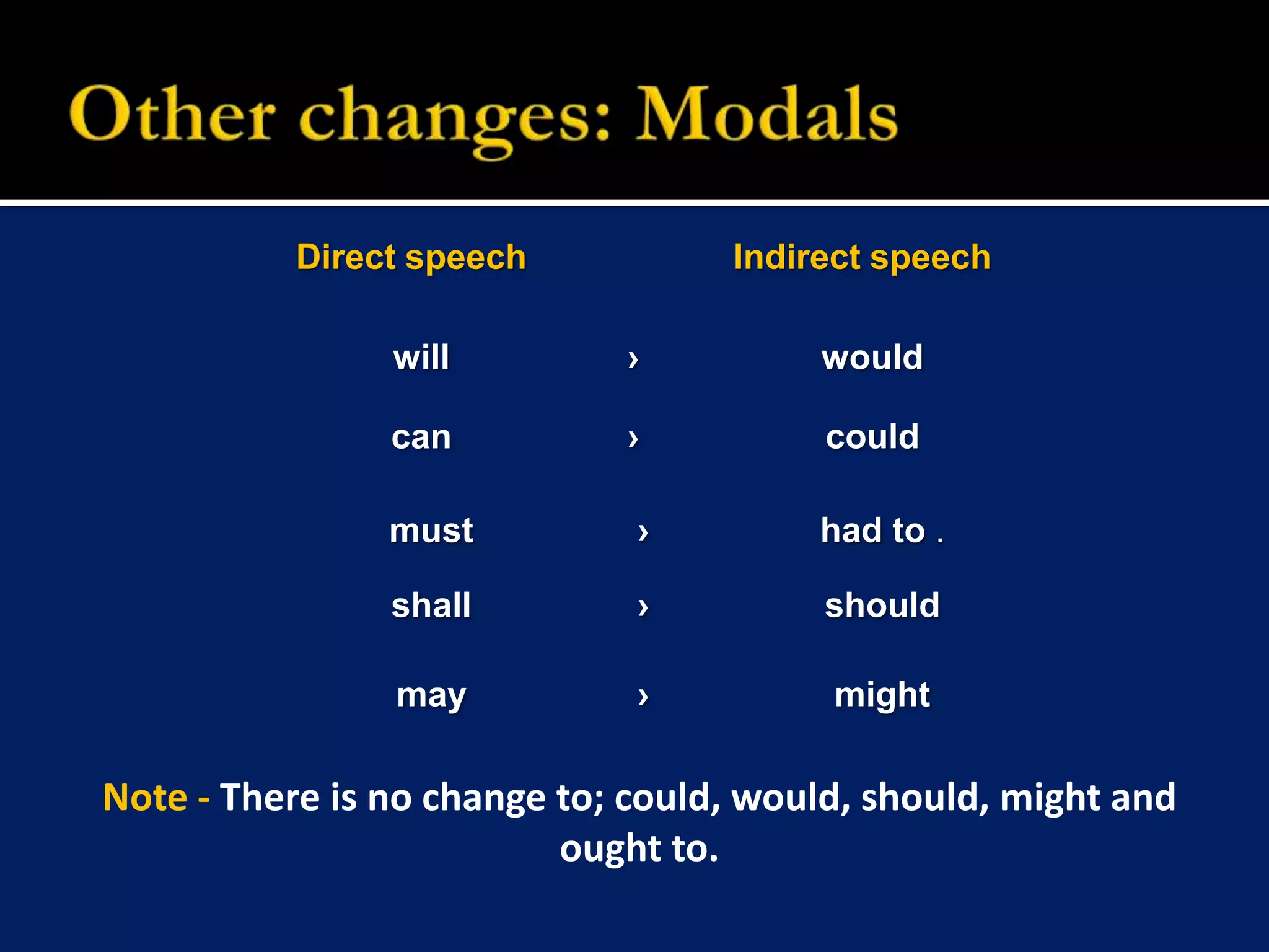 Other changes: ModalsNote - There is no change to; could, would, should, might and ought to.