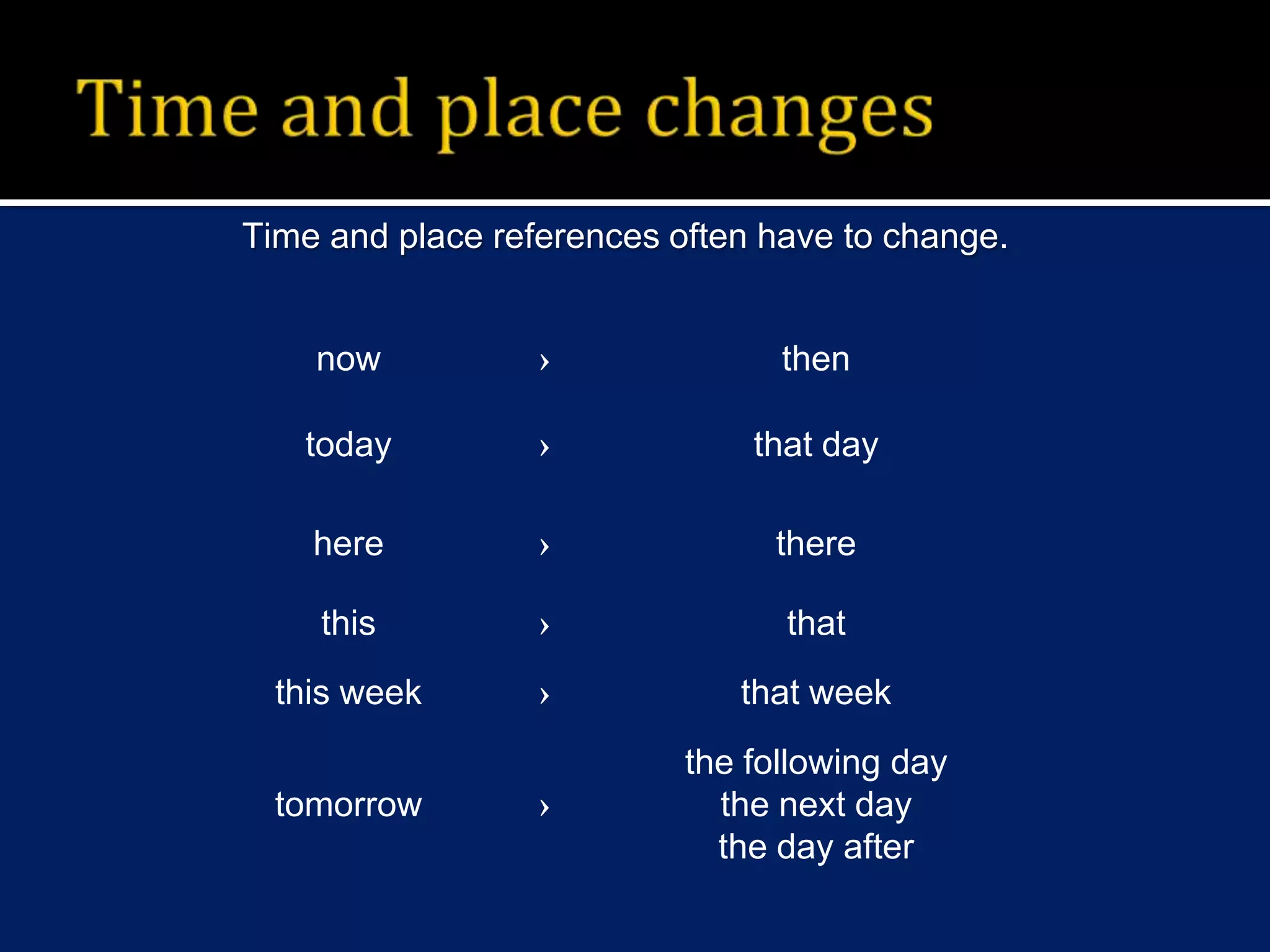 Time and place changesTime and place references often have to change.