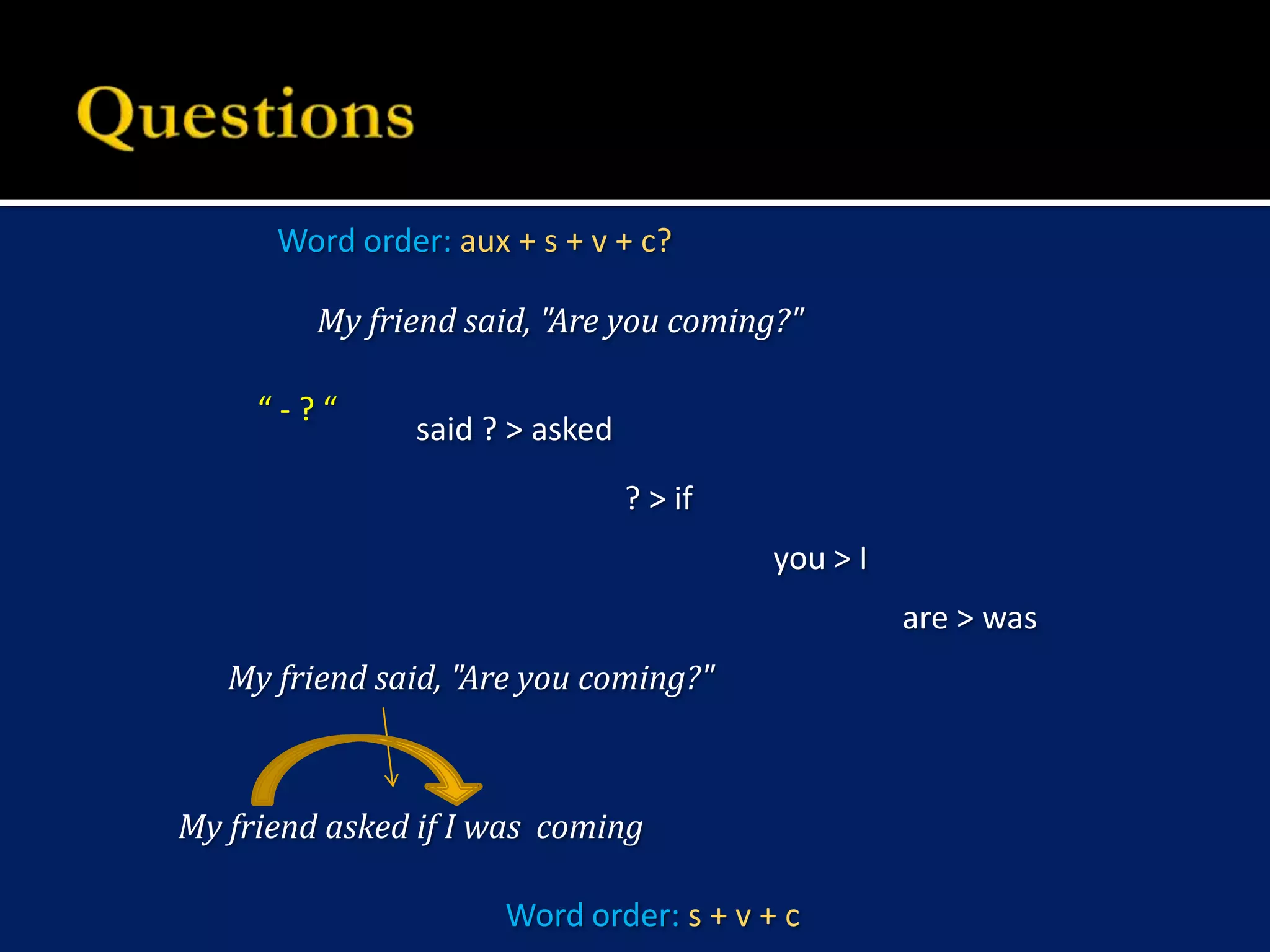 QuestionsWord order: aux + s + v + c?My friend said, "Are you coming?"“ - ? “said ? > asked? > ifyou > I are > wasMy friend said, "Are you coming?"My friend asked if I was comingWord order: s + v + c