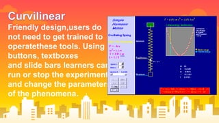 Friendly design,users do
not need to get trained to
operatethese tools. Using
buttons, textboxes
and slide bars learners can
run or stop the experiment
and change the parameters
of the phenomena.
 