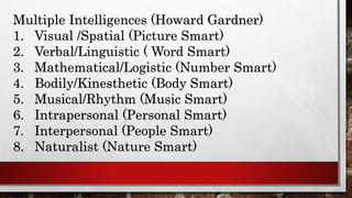 Multiple Intelligences (Howard Gardner)
1. Visual /Spatial (Picture Smart)
2. Verbal/Linguistic ( Word Smart)
3. Mathematical/Logistic (Number Smart)
4. Bodily/Kinesthetic (Body Smart)
5. Musical/Rhythm (Music Smart)
6. Intrapersonal (Personal Smart)
7. Interpersonal (People Smart)
8. Naturalist (Nature Smart)
 