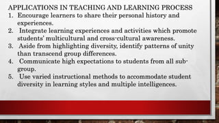 APPLICATIONS IN TEACHING AND LEARNING PROCESS
1. Encourage learners to share their personal history and
experiences.
2. Integrate learning experiences and activities which promote
students’ multicultural and cross-cultural awareness.
3. Aside from highlighting diversity, identify patterns of unity
than transcend group differences.
4. Communicate high expectations to students from all sub-
group.
5. Use varied instructional methods to accommodate student
diversity in learning styles and multiple intelligences.
 