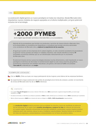 0 9
T R A N S F O R M A C I Ó N
0 5 .
La aceleración digital genera un nuevo paradigma en todas las industrias. Desde Mercado Libre
impulsamos nuevos modelos de negocio apoyados en el efecto multiplicador y el gran potencial
inclusivo de la tecnología.
E J E M P L O S L O C A L E S
Con un 34,5%, Chile es el país con mayor participación de las mujeres como líderes de las empresas familiares.
Se experimentó la mayor aceleración del cambio de paradigma de la forma de comprar y vender: el crecimiento
de envíos de Mercado Libre fue de un 432% interanual.
La revolución del e-commerce involucra a
Además de los proveedores que brindan sus productos y servicios de manera directa a Mercado Libre,
se ha desarrollado un ecosistema de integradores y consultores que brindan servicios adicionales
a los vendedores de Mercado Libre y mejoran la experiencia de los usuarios.
Al igual que sucede con las empresas de la cadena logística, en este creciente ecosistema de proveedores
se generan nuevos puestos de trabajo en múltiples industrias: este estudio identificó al menos 17
actividades económicas distintas que se ven beneficiadas indirectamente por el crecimiento
de Mercado Libre.
El potencial inclusivo de las nuevas tecnologías atraviesa muchas dimensiones y está impulsando un nuevo
paradigma en términos de diversidad: la transformación digital no solo reduce brechas geográficas,
económicas y financieras sino también educativas y de género. Del total de PyMEs encuestadas
1 de cada 4 es liderada por una mujer.
de la región que brindan servicios a mercado libre y a su ecosistema.
+2000 PYMES
La revolución digital aceleró procesos que ya estaban en marcha y puso de manifiesto el potencial
de las empresas de la región para cambiar paradigmas y mejorar la vida de millones de personas
en nuestra región. Estamos convencidos de que para amplificar y profundizar nuestro impacto positivo
debemos abrir más caminos, elevar la vara y multiplicar oportunidades. Nuestra historia es la historia
de miles de empresas y emprendedores comprometidos con el futuro de américa latina.
L A S 5 D I M E N S I O N E S D E N U E S T R O I M P A C T O |
C O N T E X T O
En la región 7 de cada 10 hogares tiene acceso a Internet. Chile lidera con un 90% de penetración, seguido de Argentina (80%), y en tercer lugar
está Brasil, con 70%.
En todos los mercados, el retail físico se contrajo en promedio un 17,5% en 2020, mientras que el e-commerce crece un 19,0%, impulsados por la pandemia.
México y Brasil representan el 68,2% de la industria del retail en la Región con 34,3% y 33,9% de participación, respectivamente.
 