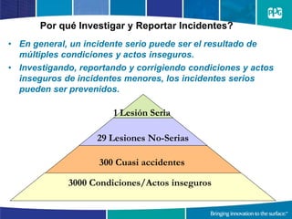 Por qué Investigar y Reportar Incidentes?
• En general, un incidente serio puede ser el resultado de
múltiples condiciones y actos inseguros.
• Investigando, reportando y corrigiendo condiciones y actos
inseguros de incidentes menores, los incidentes serios
pueden ser prevenidos.
3000 Condiciones/Actos inseguros
300 Cuasi accidentes
29 Lesiones No-Serias
1 Lesión Seria
 