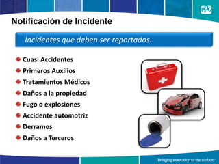 Notificación de Incidente
Incidentes que deben ser reportados.
Cuasi Accidentes
Primeros Auxilios
Tratamientos Médicos
Daños a la propiedad
Fugo o explosiones
Accidente automotriz
Derrames
Daños a Terceros
 