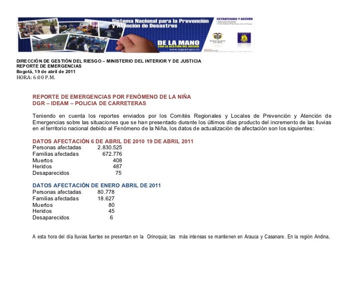 DIRECCIÓN DE GESTIÓN DEL RIESGO – MINISTERIO DEL INTERIOR Y DE JUSTICIAREPORTE DE EMERGENCIASBogotá, 19 de abril de 2011HO...