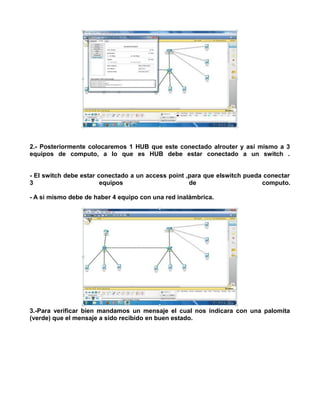 2.- Posteriormente colocaremos 1 HUB que este conectado alrouter y así mismo a 3
equipos de computo, a lo que es HUB debe estar conectado a un switch .


- El switch debe estar conectado a un access point ,para que elswitch pueda conectar
3                       equipos                     de                     computo.

- A si mismo debe de haber 4 equipo con una red inalámbrica.




3.-Para verificar bien mandamos un mensaje el cual nos indicara con una palomita
(verde) que el mensaje a sido recibido en buen estado.
 