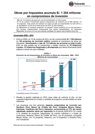 Reporte evolución de obras por impuestos al 10 de octubre 2014