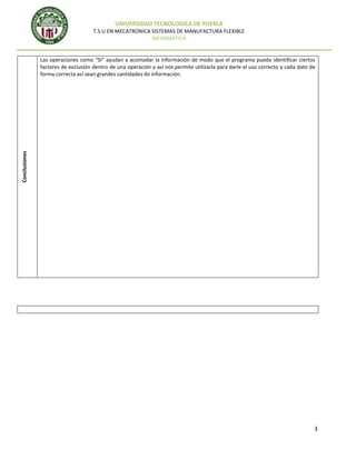 UNIVERSIDAD TECNOLOGICA DE PUEBLA
T.S.U EN MECATRONICA SISTEMAS DE MANUFACTURA FLEXIBLE
INFORMATICA

Conclusiones

Las operaciones como “SI” ayudan a acomodar la información de modo que el programa pueda identificar ciertos
factores de exclusión dentro de una operación y así nos permite utilizarla para darle el uso correcto a cada dato de
forma correcta así sean grandes cantidades de información.

3

 