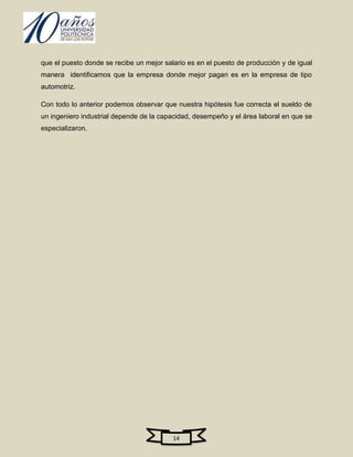 que el puesto donde se recibe un mejor salario es en el puesto de producción y de igual
manera identificamos que la empresa donde mejor pagan es en la empresa de tipo
automotriz.

Con todo lo anterior podemos observar que nuestra hipótesis fue correcta el sueldo de
un ingeniero industrial depende de la capacidad, desempeño y el área laboral en que se
especializaron.




                                          14
 