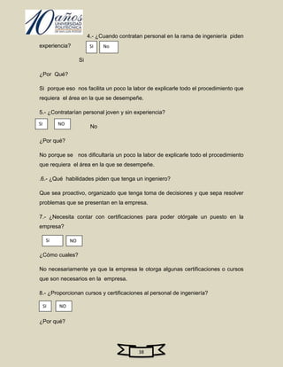 4.- ¿Cuando contratan personal en la rama de ingeniería piden
experiencia?               SI   No

                     Si

¿Por Qué?

Si porque eso nos facilita un poco la labor de explicarle todo el procedimiento que
requiera el área en la que se desempeñe.

5.- ¿Contratarían personal joven y sin experiencia?

SI         NO
                           No

¿Por qué?

No porque se nos dificultaría un poco la labor de explicarle todo el procedimiento
que requiera el área en la que se desempeñe.

.6.- ¿Qué habilidades piden que tenga un ingeniero?

Que sea proactivo, organizado que tenga toma de decisiones y que sepa resolver
problemas que se presentan en la empresa.

7.- ¿Necesita contar con certificaciones para poder otórgale un puesto en la
empresa?

      Si        NO

¿Cómo cuales?

No necesariamente ya que la empresa le otorga algunas certificaciones o cursos
que son necesarios en la empresa.

8.- ¿Proporcionan cursos y certificaciones al personal de ingeniería?

     SI    NO


¿Por qué?




                                              38
 