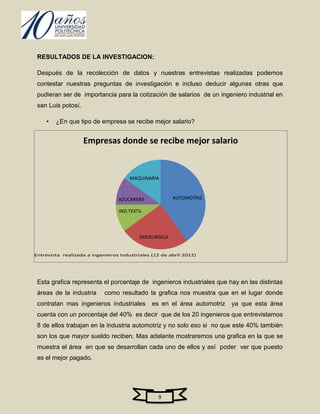 RESULTADOS DE LA INVESTIGACION:

 Después de la recolección de datos y nuestras entrevistas realizadas podemos
 contestar nuestras preguntas de investigación e incluso deducir algunas otras que
 pudieran ser de importancia para la cotización de salarios de un ingeniero industrial en
 san Luis potosí.

    •   ¿En que tipo de empresa se recibe mejor salario?


                    Empresas donde se recibe mejor salario


                                      MAQUINARIA



                                 AZUCARERA              AUTOMOTRIZ

                                  IND.TEXTIL



                                          SIDERURGICA


Entrevista realizada a ingenieros industriales (12 de abril 2012)




 Esta grafica representa el porcentaje de ingenieros industriales que hay en las distintas
 áreas de la industria      como resultado la grafica nos muestra que en el lugar donde
 contratan mas ingenieros industriales         es en el área automotriz   ya que esta área
 cuenta con un porcentaje del 40% es decir que de los 20 ingenieros que entrevistamos
 8 de ellos trabajan en la industria automotriz y no solo eso si no que este 40% también
 son los que mayor sueldo reciben. Mas adelante mostraremos una grafica en la que se
 muestra el área en que se desarrollan cada uno de ellos y así poder ver que puesto
 es el mejor pagado.




                                                 9
 