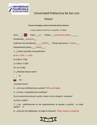 Univerisdad Politecnica De San Luis
                                            Potosi
                     "Ciencia Tecnologia y Cultura al Servicio del Ser Humano"

                        Urbano Villalón No 500 Col. La Ladrillera C.P 78363

Sexo:        M   F      Edad: ___21_       Puesto____practicante calidad _______

Escolaridad: _ingeniería___

Institución de procedencia: _____UPSLP__ Tiempo ejerciendo: 2 meses ___

Departamento (área):____Clidad____

1.- ¿Cuánto percibes mensualmente?

a) De 2,000 a 5,000

b) 5,000 a 7,000

c) 7,000 a 12,000

d)+ de 12,000

2.- ¿Realizas tiempo extra?

        Si

        No

¿Cuántas horas?

3.- ¿Con que certificaciones cuentas? Office, pet ingles

4.- ¿Cursos o capacitaciones recibidos?

5¿Los cursos los toma por cuenta propia o te los otorga la empresa?

6¿Como cuáles?

7.- ¿Las certificaciones en las capacitaciones te ayudan a percibir un mejor
salario? SI

8.- ¿Qué tipo de habilidades te exige la empresa? Office, lectura y redacción



                                                22
 