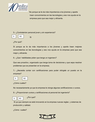 No porque se le da más importancia a los jóvenes y aparte
                       traen conocimientos en las tecnologías y eso nos ayuda en la
                       empresa para que sea mejor y eficiente.




5.- ¿Contratarían personal joven y sin experiencia?

SI        NO
                       Si

¿Por qué?

Si porque se le da más importancia a los jóvenes y aparte traen mejores
conocimientos en las tecnologías y eso nos ayuda en la empresa para que sea
mejor y eficiente.

6.- ¿Qué habilidades piden que tenga un ingeniero?

Que sea proactivo, organizado que tenga toma de decisiones y que sepa resolver
problemas que se presentan en la empresa.

7.- ¿Necesita contar con certificaciones para poder otórgale un puesto en la
empresa?

     SI        NO

¿Cómo cuales?

No necesariamente ya que la empresa le otorga algunas certificaciones o cursos.

8.- ¿Proporcionan cursos y certificaciones al personal de ingeniería?

                    ¿Por qué?
SI        NO

 Si ya que siempre se está innovando en la empresa nuevas reglas y sistemas de
producción y calidad.

¿Cómo cuales?


                                          35
 