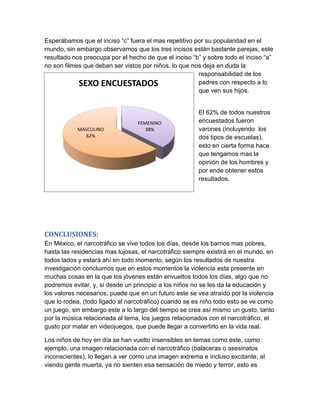 Esperábamos que el inciso “c” fuera el mas repetitivo por su popularidad en el
mundo, sin embargo observamos que los tres incisos están bastante parejas, este
resultado nos preocupa por el hecho de que el inciso “b” y sobre todo el inciso “a”
no son filmes que deban ser vistos por niños, lo que nos deja en duda la
                                                       responsabilidad de los
            SEXO ENCUESTADOS                           padres con respecto a lo
                                                       que ven sus hijos.


                                                       El 62% de todos nuestros
                                 FEMENINO              encuestados fueron
           MASCULINO                38%                varones (incluyendo los
             62%                                       dos tipos de escuelas),
                                                       esto en cierta forma hace
                                                       que tengamos mas la
                                                       opinión de los hombres y
                                                       por ende obtener estos
                                                       resultados.




CONCLUSIONES:
En México, el narcotráfico se vive todos los días, desde los barrios mas pobres,
hasta las residencias mas lujosas, el narcotráfico siempre existirá en el mundo, en
todos lados y estará ahí en todo momento, según los resultados de nuestra
investigación concluimos que en estos momentos la violencia esta presente en
muchas cosas en la que los jóvenes están envueltos todos los días, algo que no
podremos evitar, y, si desde un principio a los niños no se les da la educación y
los valores necesarios, puede que en un futuro este se vea atraído por la violencia
que lo rodea, (todo ligado al narcotráfico) cuando se es niño todo esto se ve como
un juego, sin embargo este a lo largo del tiempo se crea así mismo un gusto, tanto
por la música relacionada al tema, los juegos relacionados con el narcotráfico, el
gusto por matar en videojuegos, que puede llegar a convertirlo en la vida real.

Los niños de hoy en día se han vuelto insensibles en temas como este, como
ejemplo, una imagen relacionada con el narcotráfico (balaceras o asesinatos
inconscientes), lo llegan a ver como una imagen extrema e incluso excitante, al
viendo gente muerta, ya no sienten esa sensación de miedo y terror, esto es
 