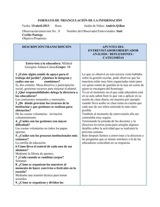 FORMATO DE TRIANGULACIÓN DE LA INFORMACIÓN
Fecha: 15-abril-2013 Hora: Jardín de Niños: Andrés Q.Roo
Observación/entrevista No. 3 Nombre del Observador/Entrevistador: Itati
Cecilio Pantoja
Objetivo/Propósito:
DESCRIPCIÓN/TRANSCRIPCIÓN APUNTES DEL
ENTREVISTADOR/OBSERVADOR
ANÁLISIS / REFLEXIONES /
CATEGORÍAS
Entrevista a la educadora: Mildred
Georgina Aldana CahuicGrupo: 1B
1 ¿Existe algún comité de apoyo para el
trabajo del jardín? ¿Quiénes lo integran y
cuáles son sus comisiones?
Si, dos comités. Mesa directiva y participación
social, gestionar recursos para mejorar el plantel.
2 ¿Qué responsabilidades delega la directora a
las educadoras?
Las comisiones semanales y mensuales.
3 ¿De dónde proviene los recursos de la
institución y que gestiones se realizan para
obtenerlos?
De las cuotas voluntarias- invitación
voluntariamente.
4. ¿Cuáles son las gestiones con mayor
dificultad?
Las cuotas voluntarias no todos los papas
aportan.
5. ¿Cuáles son los procesos institucionales más
comunes?
La cartilla de educación.
6 Cómo lleva el control de cada uno de sus
alumnos?
Mediante la libreta de apuntes.
7 ¿Cada cuando se cambian cargos?
Semanal.
8. ¿Cómo se organizan los maestros al
momento de hacer convivios o festivales en la
escuela?
Mediante una reunión técnica para tomar
acuerdos.
9. ¿Cómo se organizan y dividen las
Lo que yo observé en esta tercera visita hablaba
sobre la gestión escolar, pude observar que las
maestras están muy bien organizadas tanto para
ver quien estará de guardia en la reja así como de
quien se encargara del homenaje.
Ya en el momento en el que cada educadora está
en su aula saben bien lo que van a aplicar en su
sesión de clase diaria; mi maestra por ejemplo
cuando lleva acabo su clase toma en cuenta que
cada uno de sus niños entienda lo más claro
posible.
También al momento de entrevistarla ella me
contestaba muy segura.
Terminando la jornada de las docentes y la
directora tuvieron junta para arreglar algunos
detalles sobre la actividad que se realizará la
próxima semana.
Rato después fuimos a entrevistar a la directora y
las preguntas que se tenían similares a la de las
educadoras coincidían en su respuesta.
 