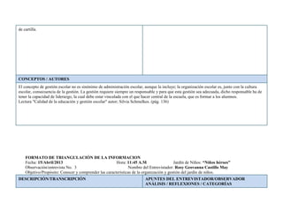 FORMATO DE TRIANGULACIÓN DE LA INFORMACION
Fecha: 15/Abril/2013 Hora: 11:45 A.M Jardín de Niños: “Niños héroes”
Observación/entrevista No. 3 Nombre del Entrevistador: Rosy Geovanna Castillo May
Objetivo/Propósito: Conocer y comprender las características de la organización y gestión del jardín de niños.
DESCRIPCIÓN/TRANSCRIPCIÓN APUNTES DEL ENTREVISTADOR/OBSERVADOR
ANÁLISIS / REFLEXIONES / CATEGORÍAS
de cartilla.
CONCEPTOS / AUTORES
El concepto de gestión escolar no es sinónimo de administración escolar, aunque la incluye; la organización escolar es, junto con la cultura
escolar, consecuencia de la gestión. La gestión requiere siempre un responsable y para que esta gestión sea adecuada, dicho responsable ha de
tener la capacidad de liderazgo, la cual debe estar vinculada con el que hacer central de la escuela, que es formar a los alumnos.
Lectura "Calidad de la educación y gestión escolar" autor; Silvia Schmelkes. (pág. 136)
 