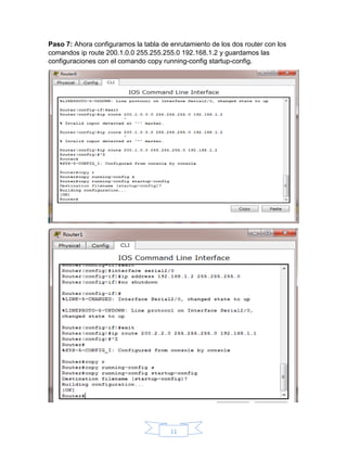 11
Paso 7: Ahora configuramos la tabla de enrutamiento de los dos router con los
comandos ip route 200.1.0.0 255.255.255.0 192.168.1.2 y guardamos las
configuraciones con el comando copy running-config startup-config.
 