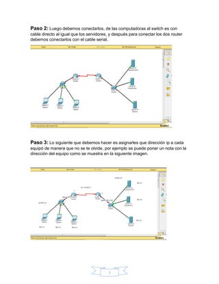 7
Paso 2: Luego debemos conectarlos, de las computadoras al switch es con
cable directo al igual que los servidores, y después para conectar los dos router
debemos conectarlos con el cable serial.
Paso 3: Lo siguiente que debemos hacer es asignarles que dirección ip a cada
equipó de manera que no se te olvide, por ejemplo se puede poner un nota con la
dirección del equipo como se muestra en la siguiente imagen.
 