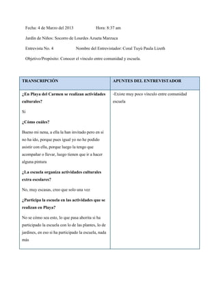 Fecha: 4 de Marzo del 2013                  Hora: 8:37 am

  Jardín de Niños: Socorro de Lourdes Azueta Marzuca

  Entrevista No. 4              Nombre del Entrevistador: Coral Tuyú Paula Lizeth

  Objetivo/Propósito: Conocer el vínculo entre comunidad y escuela.




TRANSCRIPCIÓN                                         APUNTES DEL ENTREVISTADOR


¿En Playa del Carmen se realizan actividades          -Existe muy poco vínculo entre comunidad
culturales?                                           escuela

Si

¿Cómo cuáles?

Bueno mi nena, a ella la han invitado pero en sí
no ha ido, porque pues igual yo no he podido
asistir con ella, porque luego la tengo que
acompañar o llevar, luego tienen que ir a hacer
alguna pintura

¿La escuela organiza actividades culturales
extra escolares?

No, muy escasas, creo que solo una vez

¿Participa la escuela en las actividades que se
realizan en Playa?

No se cómo sea esto, lo que pasa ahorita si ha
participado la escuela con lo de las plantes, lo de
jardines, en eso si ha participado la escuela, nada
más
 