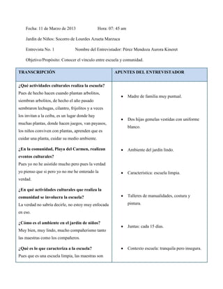 Fecha: 11 de Marzo de 2013                  Hora: 07: 45 am

    Jardín de Niños: Socorro de Lourdes Azueta Marzuca

    Entrevista No. 1             Nombre del Entrevistador: Pérez Mendoza Aurora Kineret

    Objetivo/Propósito: Conocer el vínculo entre escuela y comunidad.

TRANSCRIPCIÓN                                           APUNTES DEL ENTREVISTADOR


¿Qué actividades culturales realiza la escuela?
Pues de hecho hacen cuando plantan arbolitos,
                                                                  Madre de familia muy puntual.
siembran arbolitos, de hecho el año pasado
sembraron lechugas, cilantro, frijolitos y a veces
los invitan a la ceiba, es un lugar donde hay
                                                                  Dos hijas gemelas vestidas con uniforme
muchas plantas, donde hacen juegos, van payasos,
                                                                  blanco.
los niños conviven con plantas, aprenden que es
cuidar una planta, cuidar su medio ambiente.

¿En la comunidad, Playa del Carmen, realizan                      Ambiente del jardín lindo.
eventos culturales?
Pues yo no he asistido mucho pero pues la verdad
yo pienso que si pero yo no me he enterado la                     Característica: escuela limpia.
verdad.

¿En qué actividades culturales que realiza la
comunidad se involucra la escuela?                                Talleres de manualidades, costura y

La verdad no sabría decirle, no estoy muy enfocada                pintura.

en eso.

¿Cómo es el ambiente en el jardín de niños?
                                                                  Juntas: cada 15 días.
Muy bien, muy lindo, mucho compañerismo tanto
las maestras como los compañeros.

¿Qué es lo que caracteriza a la escuela?                          Contexto escuela: tranquila pero insegura.
Pues que es una escuela limpia, las maestras son
 