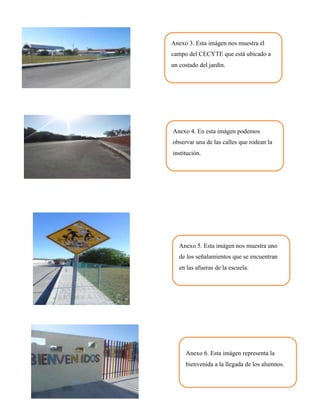 Anexo 3. Esta imágen nos muestra el
campo del CECYTE que está ubicado a
un costado del jardín.




Anexo 4. En esta imágen podemos
observar una de las calles que rodean la
institución.




   Anexo 5. Esta imágen nos muestra uno
   de los señalamientos que se encuentran
   en las afueras de la escuela.




     Anexo 6. Esta imágen representa la
     bienvenida a la llegada de los alumnos.
 